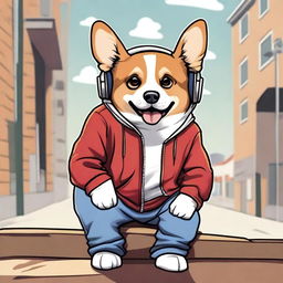 A high-quality, real-life photograph depicts a corgi with a gangster vibe, wearing a hoodie, listening to rap music through headphones while sauntering up a ramp