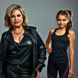 A powerful and dominant 53-year-old woman wearing leather clothing with a low-cut neckline, showcasing her confidence and authority
