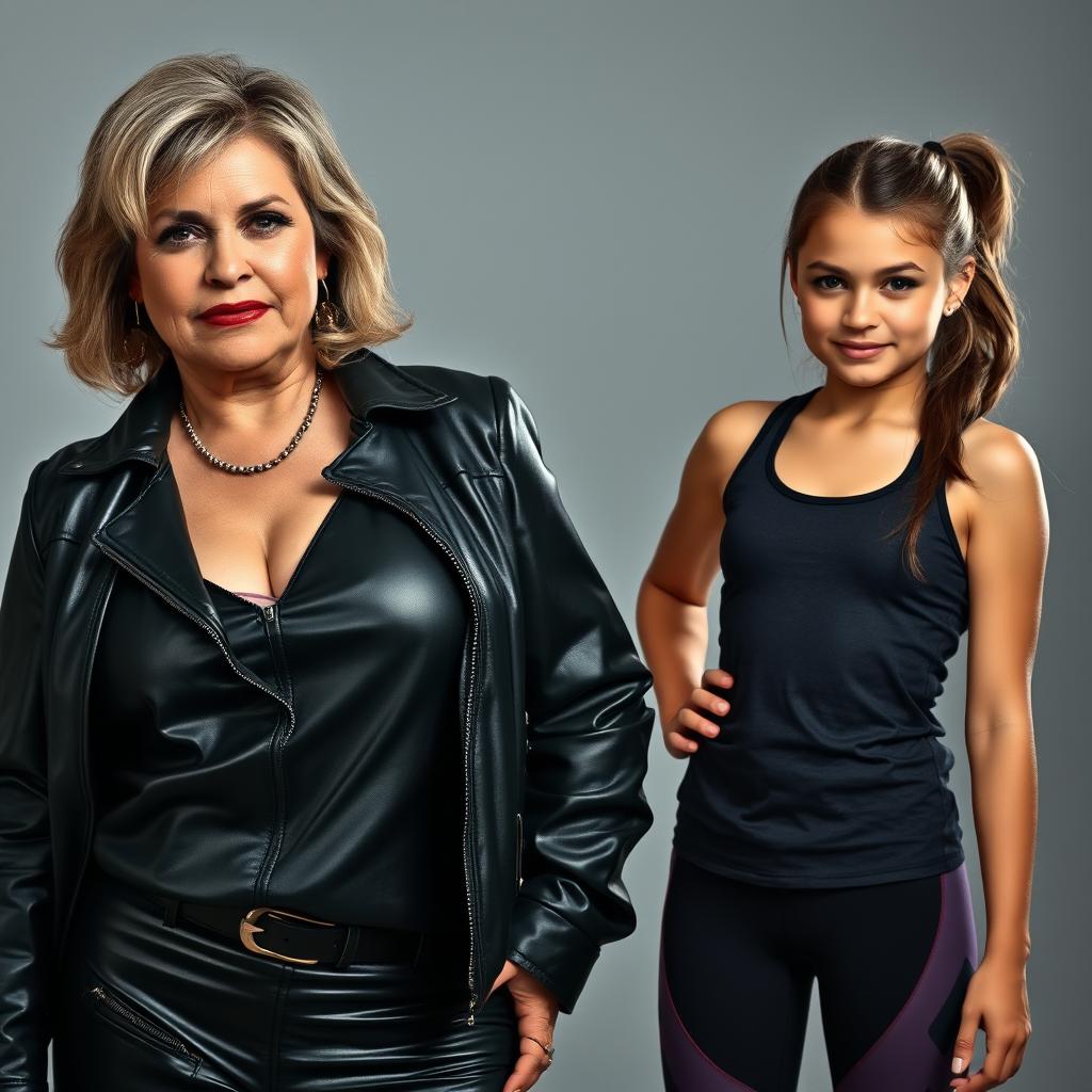 A powerful and dominant 53-year-old woman wearing leather clothing with a low-cut neckline, showcasing her confidence and authority