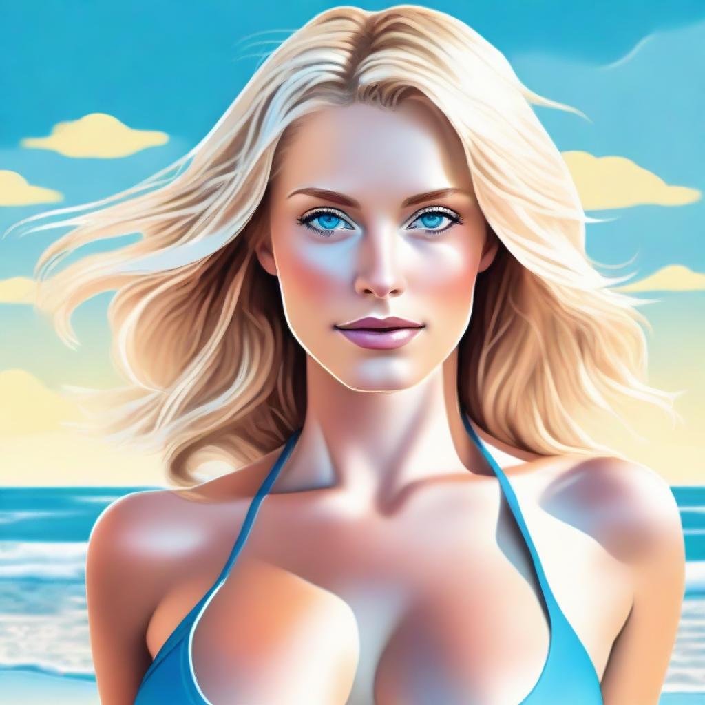 A high-quality, close-up digital art image of a blonde woman with striking blue eyes