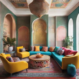 A vibrant working space beautifully designed with modern Arabic style, full of bold, colorful elements, ornate patterns, and contemporary furniture.