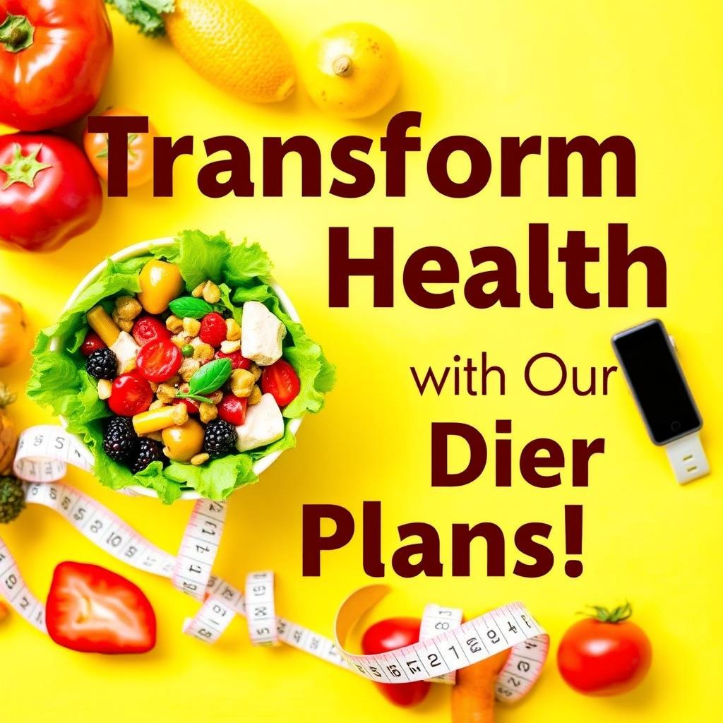 An eye-catching promotional image for a diet plan advertisement featuring a vibrant layout with fresh fruits and vegetables artfully arranged