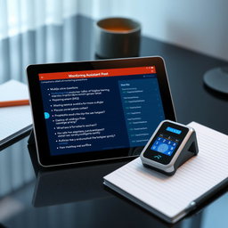 A modern portable tablet showcasing a detailed user interface with a comprehensive collection of multiple-choice questions (MCQs) related to the monitoring assistant post