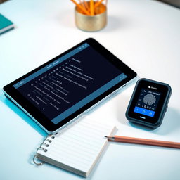A modern portable tablet showcasing a detailed user interface with a comprehensive collection of multiple-choice questions (MCQs) related to the monitoring assistant post