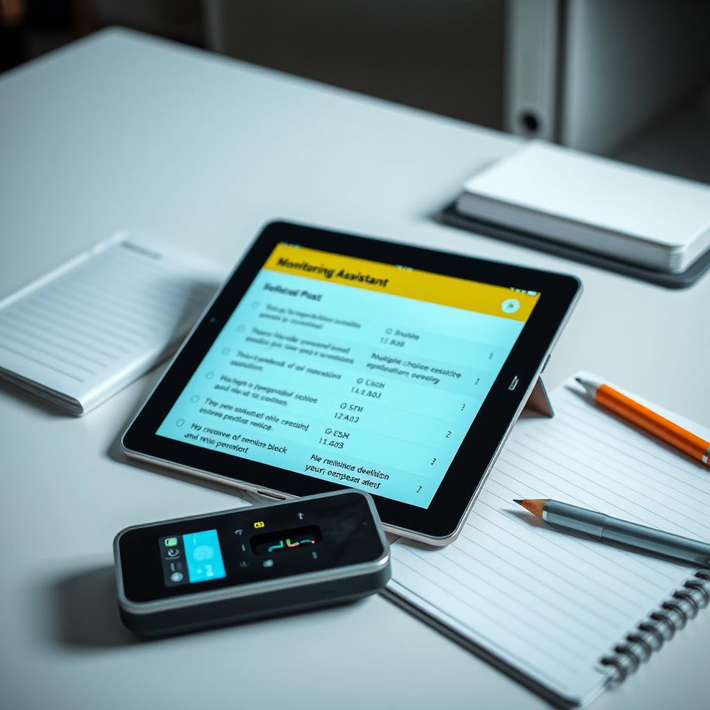 A modern portable tablet showcasing a detailed user interface with a comprehensive collection of multiple-choice questions (MCQs) related to the monitoring assistant post