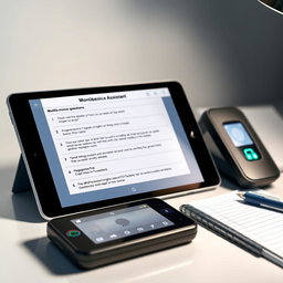 A modern portable tablet showcasing a detailed user interface with a comprehensive collection of multiple-choice questions (MCQs) related to the monitoring assistant post