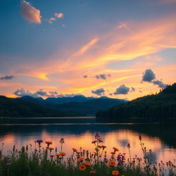 A serene landscape at dusk, showcasing a tranquil lake surrounded by lush green forests and distant mountains