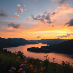 A serene landscape at dusk, showcasing a tranquil lake surrounded by lush green forests and distant mountains