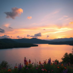 A serene landscape at dusk, showcasing a tranquil lake surrounded by lush green forests and distant mountains