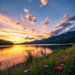 A serene landscape at dusk, showcasing a tranquil lake surrounded by lush green forests and distant mountains