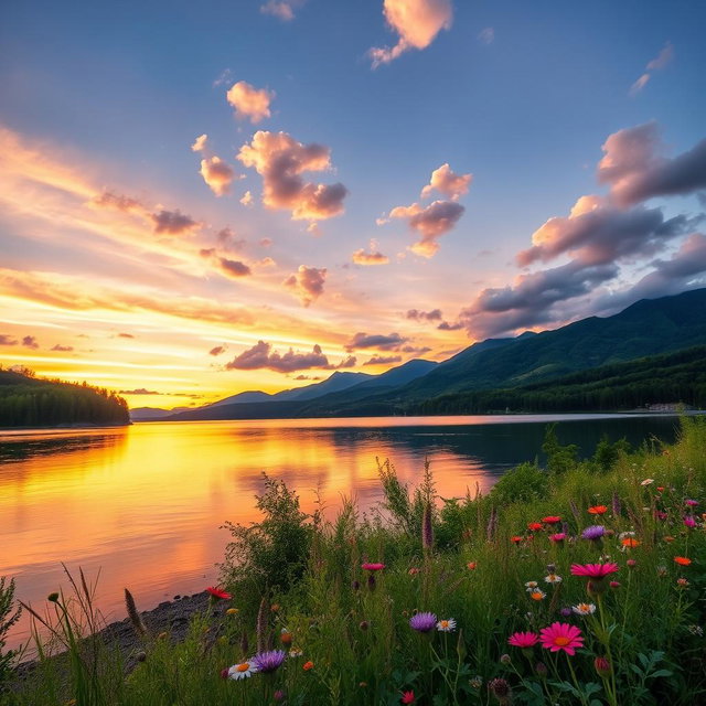 A serene landscape at dusk, showcasing a tranquil lake surrounded by lush green forests and distant mountains