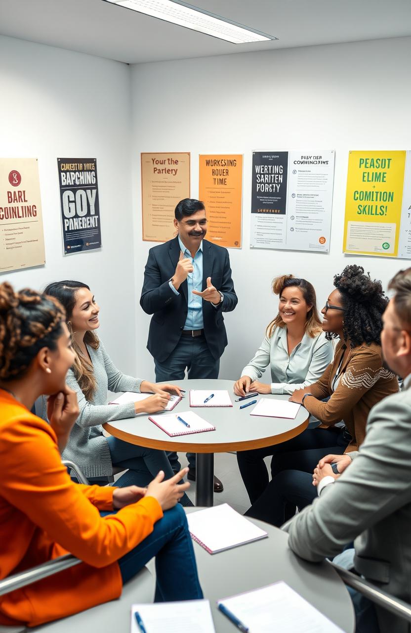 A professional setting showcasing a group of diverse individuals engaging in a soft skills training workshop