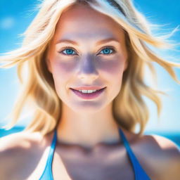 A high-quality, close-up digital art image of a blonde woman with striking blue eyes