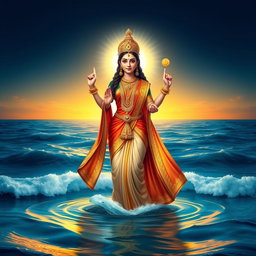A magnificent Goddess Lakshmi standing gracefully on the surface of the ocean, surrounded by gentle waves