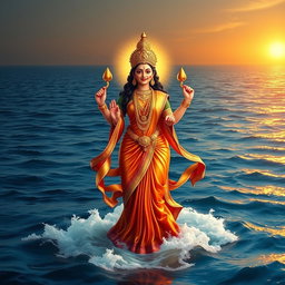 A magnificent Goddess Lakshmi standing gracefully on the surface of the ocean, surrounded by gentle waves