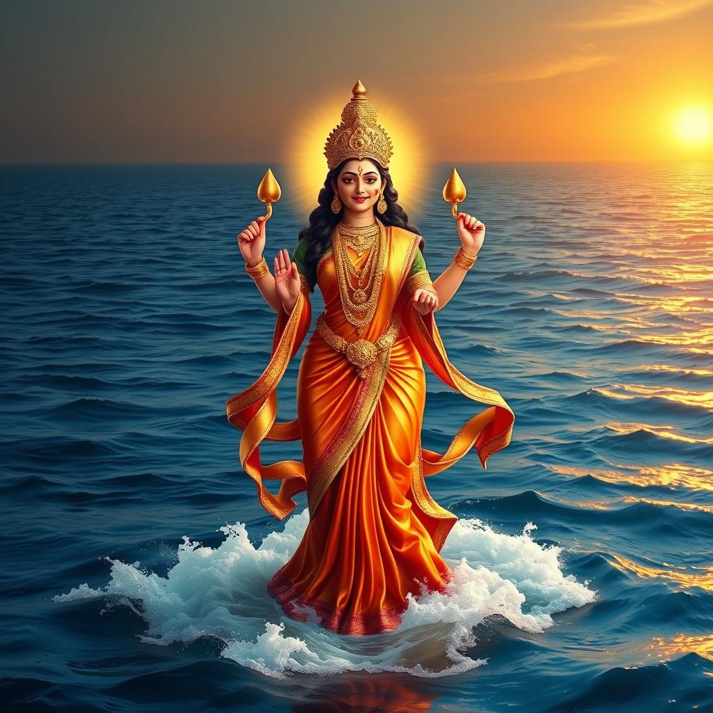 A magnificent Goddess Lakshmi standing gracefully on the surface of the ocean, surrounded by gentle waves