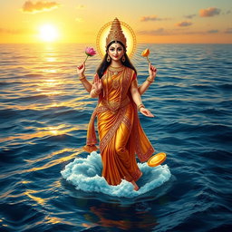 A magnificent Goddess Lakshmi standing gracefully on the surface of the ocean, surrounded by gentle waves