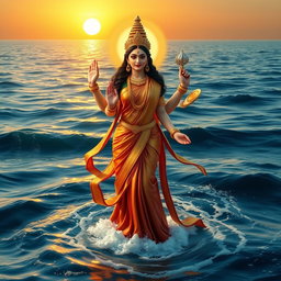 A magnificent Goddess Lakshmi standing gracefully on the surface of the ocean, surrounded by gentle waves