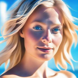 A high-quality, close-up digital art image of a blonde woman with striking blue eyes