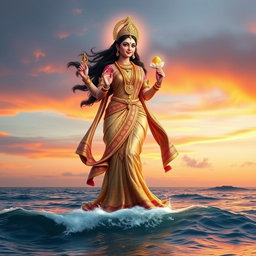 A stunning depiction of Goddess Lakshmi standing majestically on the surface of the ocean, showcasing her full body