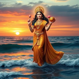 A stunning depiction of Goddess Lakshmi standing majestically on the surface of the ocean, showcasing her full body