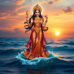 A stunning depiction of Goddess Lakshmi standing majestically on the surface of the ocean, showcasing her full body