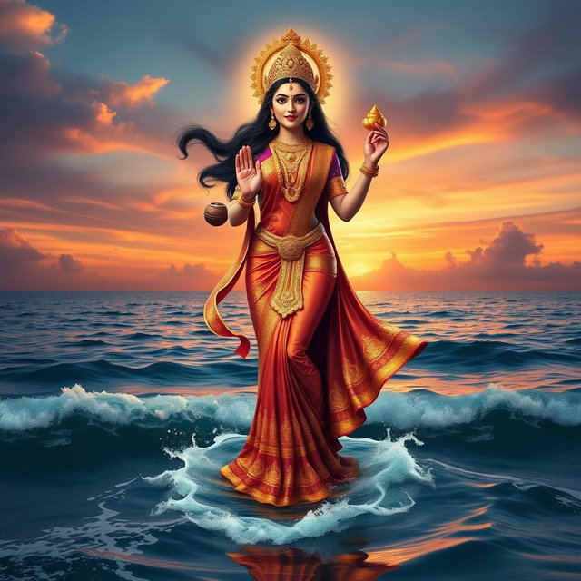 A stunning depiction of Goddess Lakshmi standing majestically on the surface of the ocean, showcasing her full body