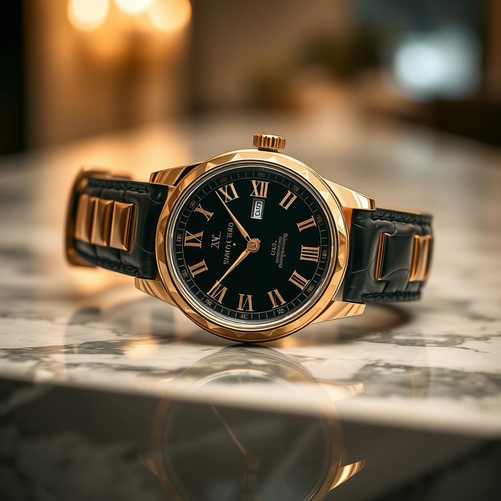 A luxurious high-end watch displayed on a marble countertop