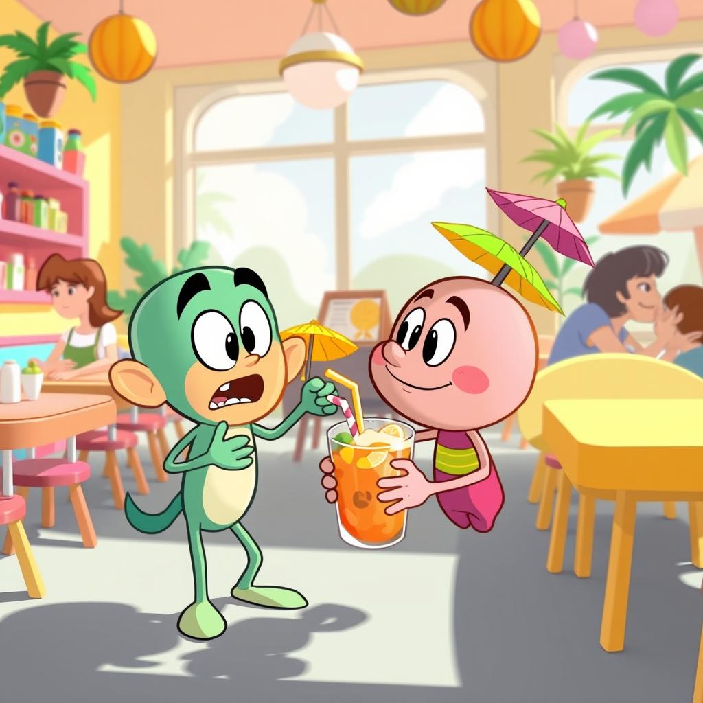 A whimsical scene featuring a cartoon character attempting to take a drink from another character's hand