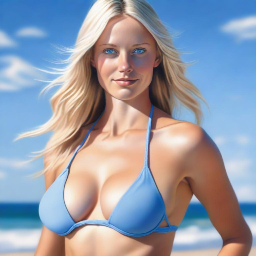 A photorealistic image of the highest quality, depicting a blonde woman with captivating blue eyes