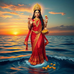 A awe-inspiring depiction of Goddess Lakshmi standing full body on the surface of the ocean, dressed in a vibrant red saree adorned with intricate golden embroidery