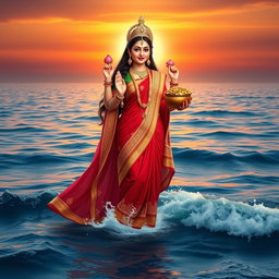 A awe-inspiring depiction of Goddess Lakshmi standing full body on the surface of the ocean, dressed in a vibrant red saree adorned with intricate golden embroidery