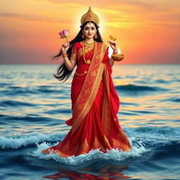A awe-inspiring depiction of Goddess Lakshmi standing full body on the surface of the ocean, dressed in a vibrant red saree adorned with intricate golden embroidery