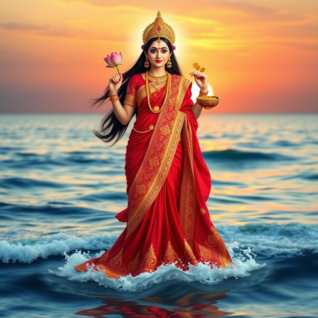 A awe-inspiring depiction of Goddess Lakshmi standing full body on the surface of the ocean, dressed in a vibrant red saree adorned with intricate golden embroidery