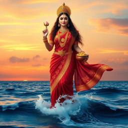 A awe-inspiring depiction of Goddess Lakshmi standing full body on the surface of the ocean, dressed in a vibrant red saree adorned with intricate golden embroidery