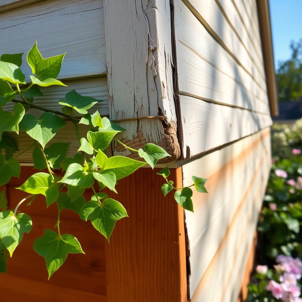 A closeup view of the corner of a house, showcasing detailed textures of the siding, paint peeling in areas, and a vibrant green vine creeping up along the corner