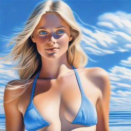 A photorealistic image of the highest quality, depicting a blonde woman with captivating blue eyes