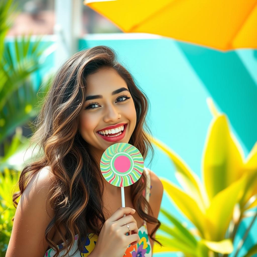 A playful and vibrant scene featuring an 18-year-old Brazilian woman with a charming smile, playfully holding a lollipop in her mouth