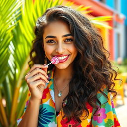 A playful and vibrant scene featuring an 18-year-old Brazilian woman with a charming smile, playfully holding a lollipop in her mouth