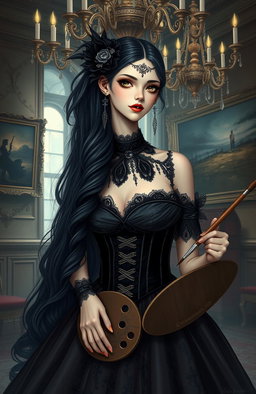 A striking portrait of a reincarnated girl in a world of nobles and royalty, embodying the title 'Goth Duchess'