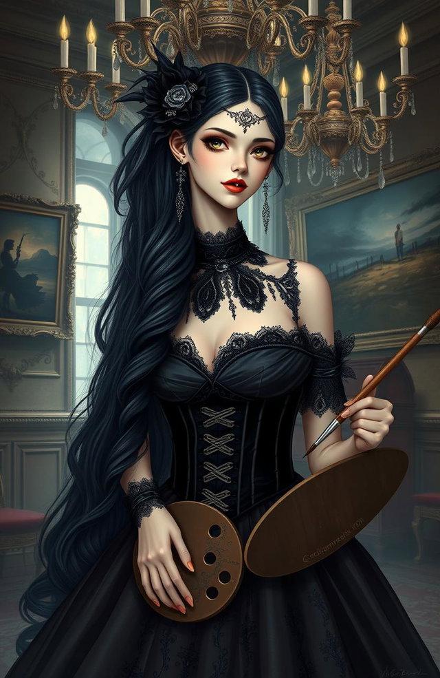 A striking portrait of a reincarnated girl in a world of nobles and royalty, embodying the title 'Goth Duchess'