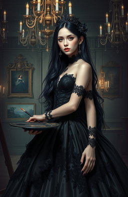 A striking portrait of a reincarnated girl in a world of nobles and royalty, embodying the title 'Goth Duchess'