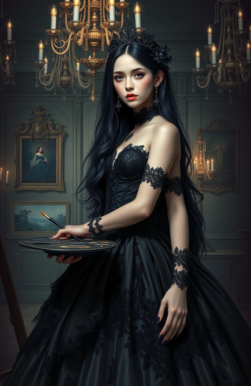A striking portrait of a reincarnated girl in a world of nobles and royalty, embodying the title 'Goth Duchess'