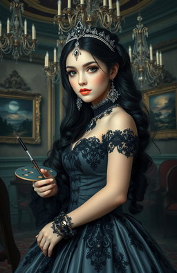 A striking portrait of a reincarnated girl in a world of nobles and royalty, embodying the title 'Goth Duchess'