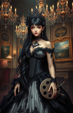A striking portrait of a reincarnated girl in a world of nobles and royalty, embodying the title 'Goth Duchess'