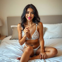 A playful scene featuring an 18-year-old Brazilian woman sitting on a bed, exuding confidence and charm