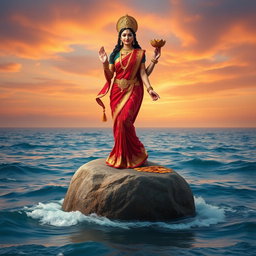 A mesmerizing image of Goddess Lakshmi standing full body on a large stone in the ocean, clad in a striking red saree embellished with intricate gold designs