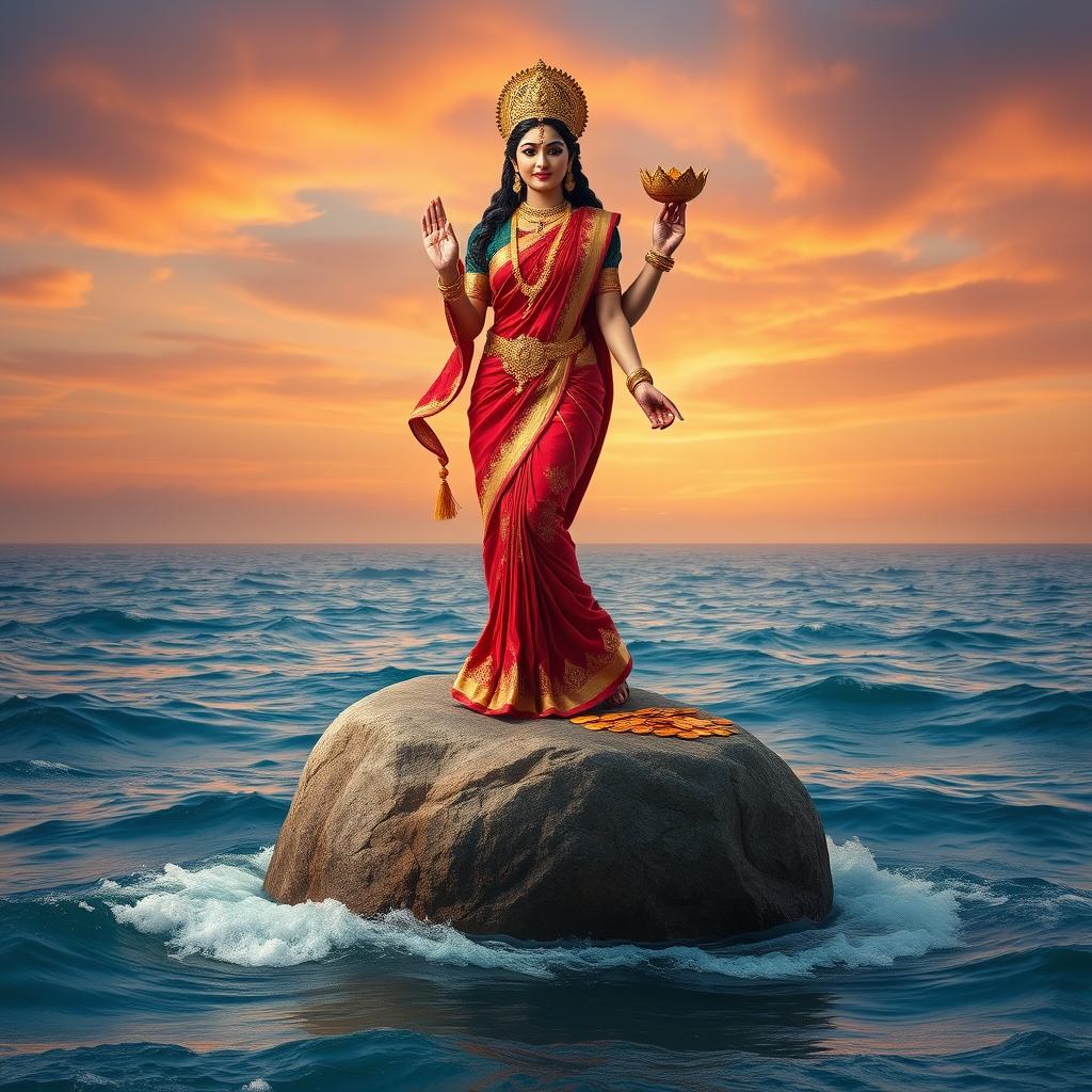 A mesmerizing image of Goddess Lakshmi standing full body on a large stone in the ocean, clad in a striking red saree embellished with intricate gold designs