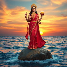 A mesmerizing image of Goddess Lakshmi standing full body on a large stone in the ocean, clad in a striking red saree embellished with intricate gold designs