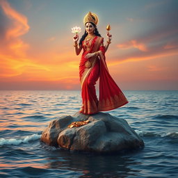 A mesmerizing image of Goddess Lakshmi standing full body on a large stone in the ocean, clad in a striking red saree embellished with intricate gold designs